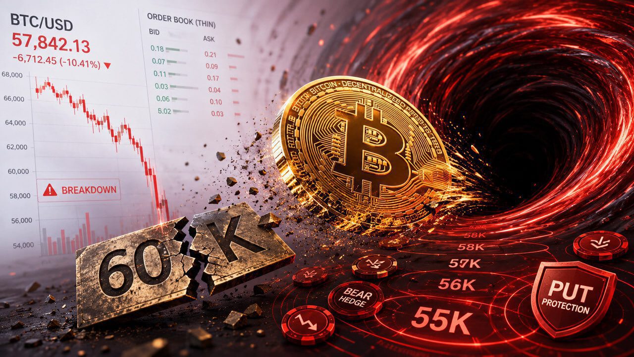 Bitcoin’s K breakdown sets up a volatility shock as traders load up on downside hedges
