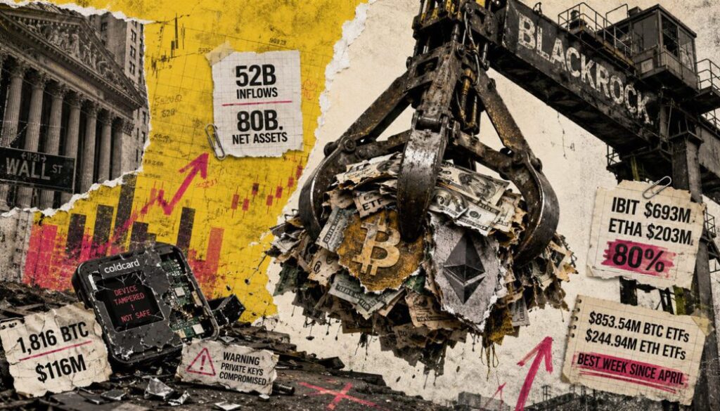 Bitcoin and Ethereum ETFs break $1B in their best week since April and BlackRock brought in 80% of the cash