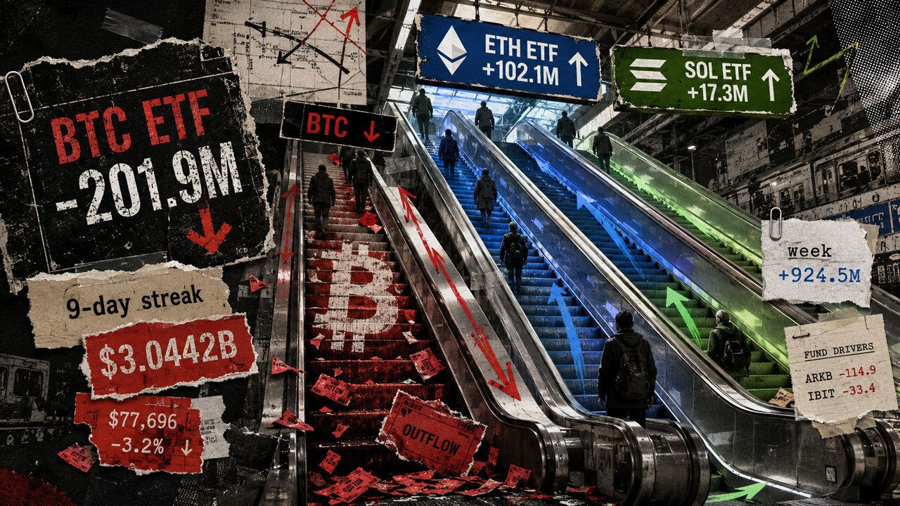 Bitcoin ETF inflows snap after  billion streak as ETH, XRP and Solana keep buying