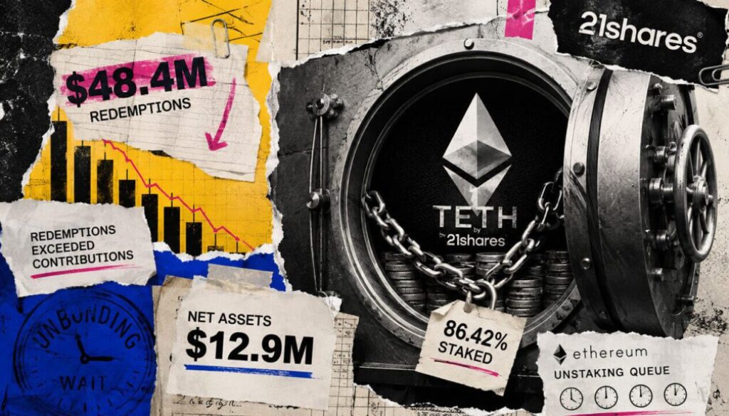 A staked Ethereum ETF processed $48M in redemptions while keeping 86% of ETH locked, 21Shares filing shows
