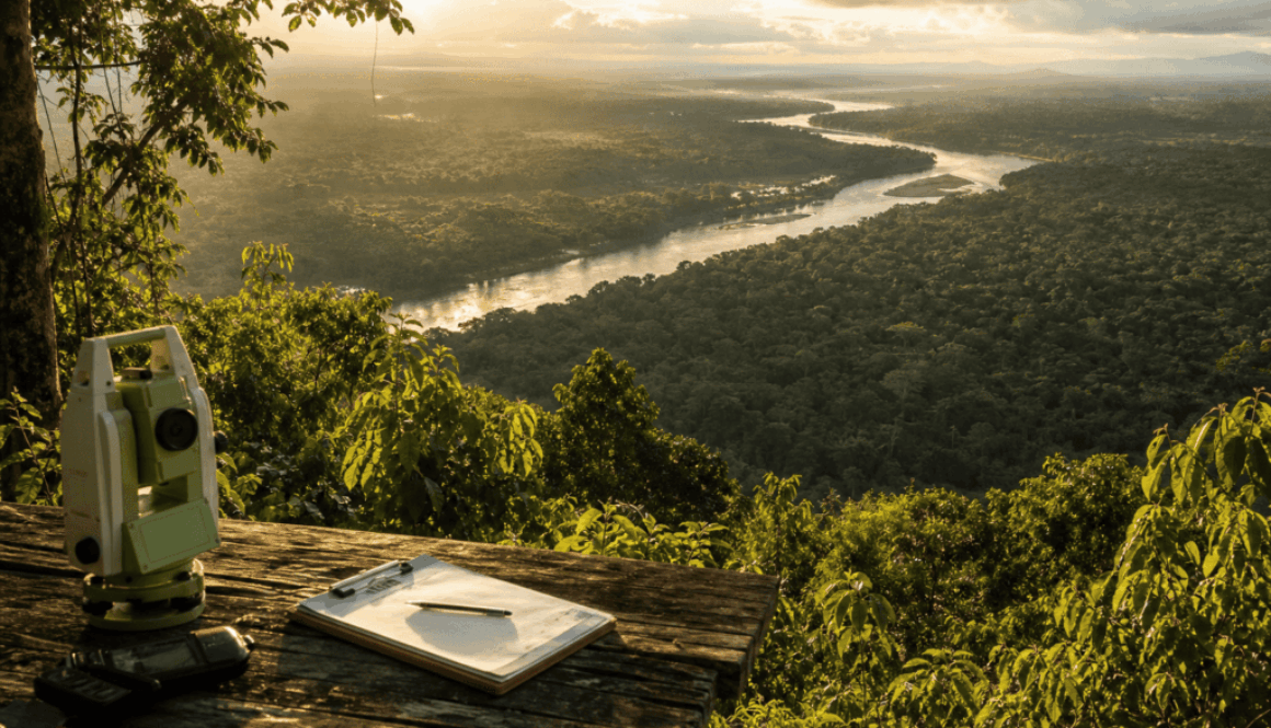 Aerial view of Latin American rainforest and river with a surveying instrument in the foreground