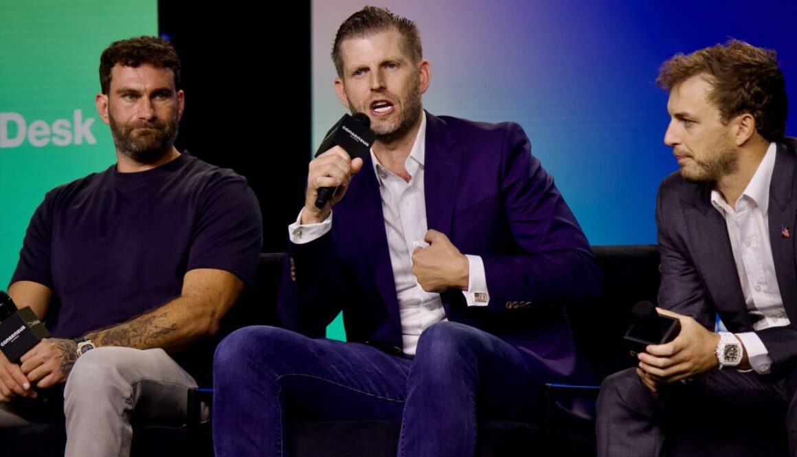 Eric Trump, co-founder of World Liberty Financial, speaking on stage at the Consensus 2025 conference