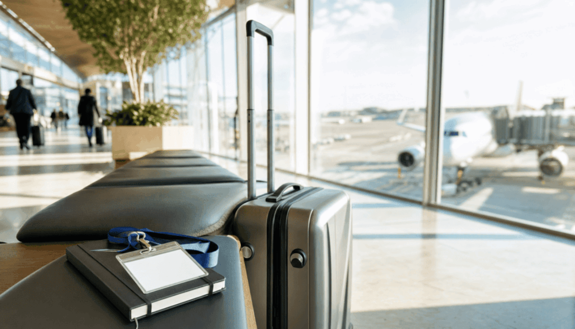 Carry-on suitcase and a blank conference badge in a sunny airport terminal