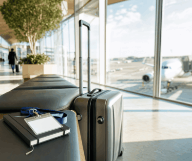 Carry-on suitcase and a blank conference badge in a sunny airport terminal