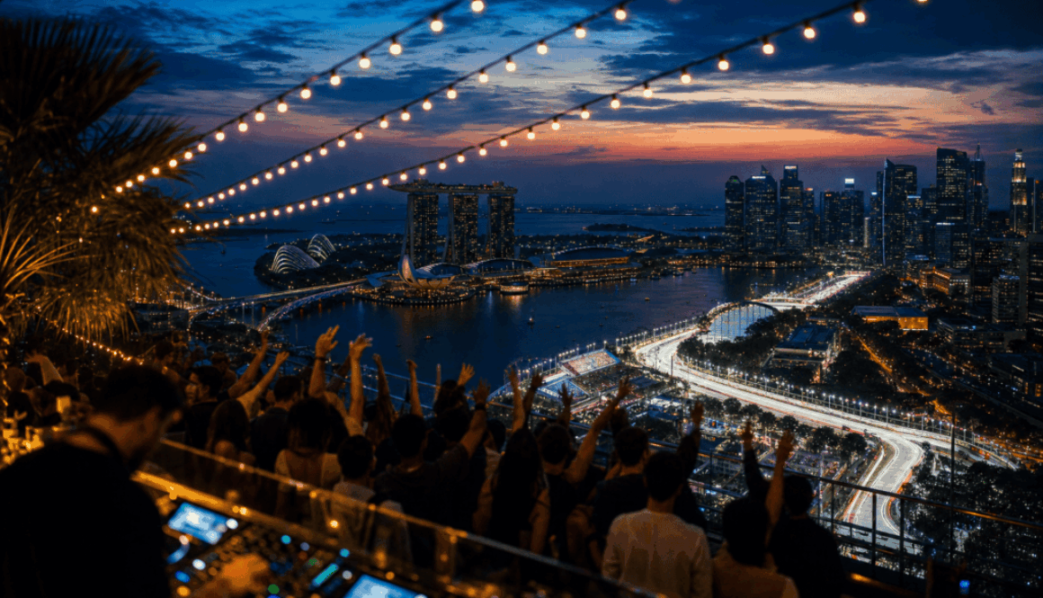 Rooftop party above Marina Bay at dusk with the illuminated street circuit below
