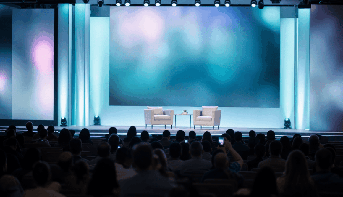 Conference stage set for a fireside chat in front of a seated audience