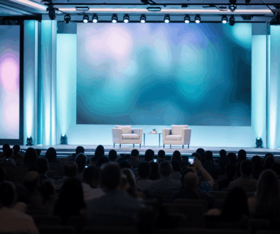 Conference stage set for a fireside chat in front of a seated audience